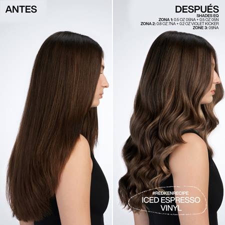Antes y despues de tinte Redken Iced Espresso