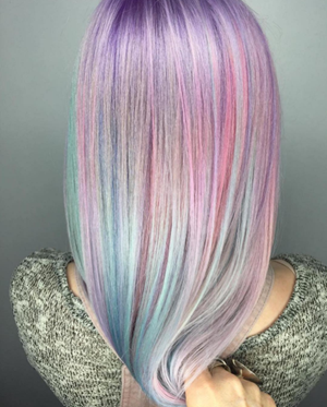 Multi-colored pastel highlights on silver hair
